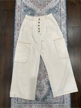 Mod Ref Cream Wide-Leg Ankle Crop Jeans with Button Front High Waisted
